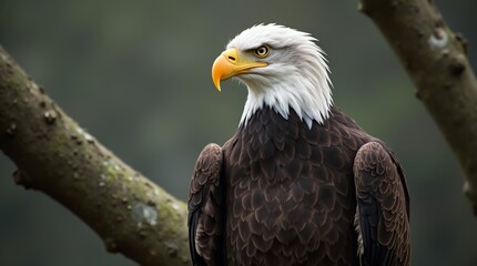 Obraz premium A close-up of a bald eagle perched on a tree branch, showcasing its striking features and intense gaze, representing the spirit of independence and resilience in nature.