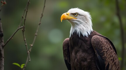 Fototapeta premium A close-up of a bald eagle perched on a tree branch, showcasing its striking features and intense gaze, representing the spirit of independence and resilience in nature.
