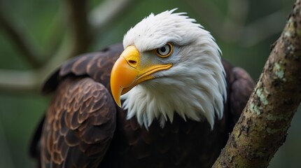 Obraz premium A close-up of a bald eagle perched on a tree branch, showcasing its striking features and intense gaze, representing the spirit of independence and resilience in nature.