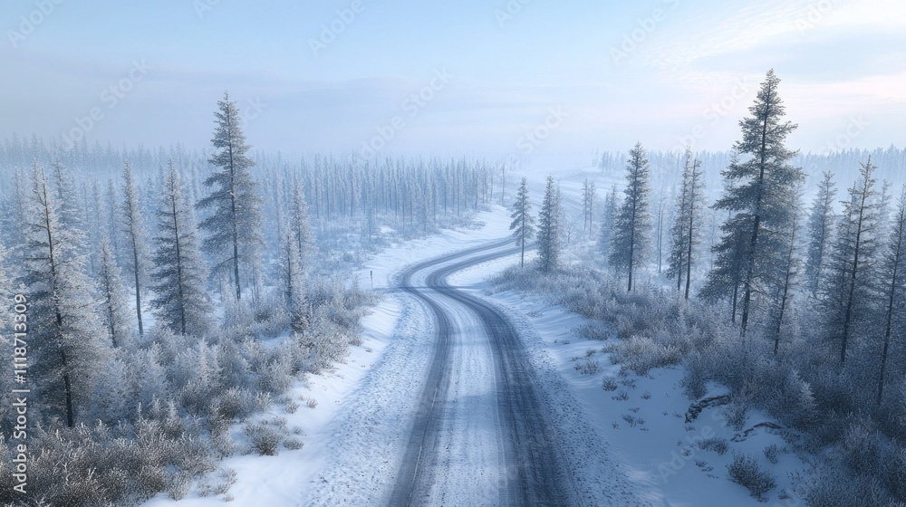 Poster a serene winter landscape featuring a winding road nestled among tall evergreen trees blanketed in f