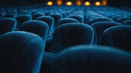 Obraz premium Empty dark theater seats. Many velvet blue seats in a movie theater.