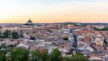 Toledo (Spain) sunset landscape with Spanish residential architecture,  Colegio San Juan Bautista...