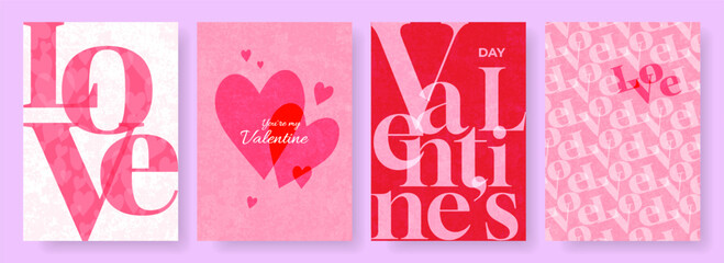 Happy Valentines Day poster, banner, card set. Creative concept for celebration, ads, branding, cover, label, sales. Design template with hearts and modern typography.