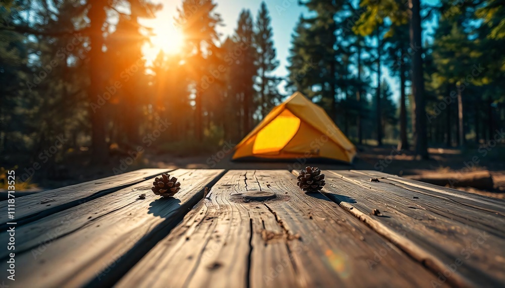Wall mural a empty wooden table in the foreground with a tent and trees in the blurred background, suggesting a