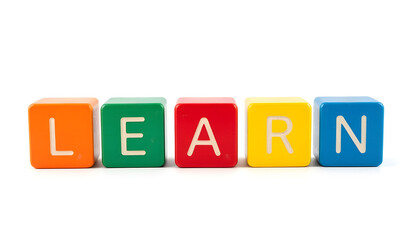 Colorful Wooden Alphabet Blocks Arranged to Spell the Word 'LEARN,' Isolated on a White Background.