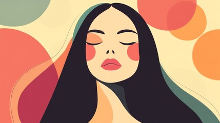 Serene woman with closed eyes, depicted in a minimalist, abstract art style against a backdrop of colorful circles and shapes.