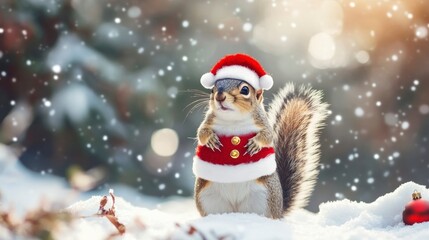 A cute squirrel wearing a small Santa outfit, standing on its hind legs with a festive snow background. 