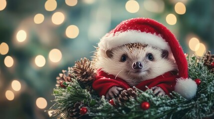 Obraz premium A festive hedgehog dressed in a tiny Santa costume, nestled in a cozy holiday wreath with a background of twinkling lights. Medium close-up shot.