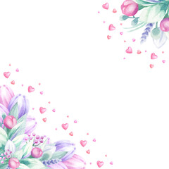 Flower bouquet, tulips with flying hearts in pastel pink, lilac and green colors illustration. Hand draw watercolor isolated frame template with copy space for Valentines, Mother and Women Day card.