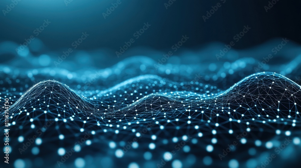 Poster abstract representation of interconnected nodes and waves in a digital landscape.