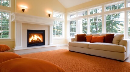 Fototapeta premium Cozy Living Room with Bright Natural Light and Warm Fireplace