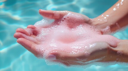 Fototapeta premium Hands hold pink bubbles playfully against the backdrop of a sparkling blue pool