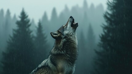 A wild wolf howling against a backdrop of a misty pine forest, its fur glistening with morning dew, medium close-up.