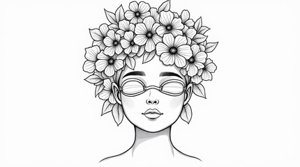 Coloring book illustration of beauty procedures featuring a head shaped vase adorned with flowers cosmetic bandage and eye patches Ideal for celebrating special occasions