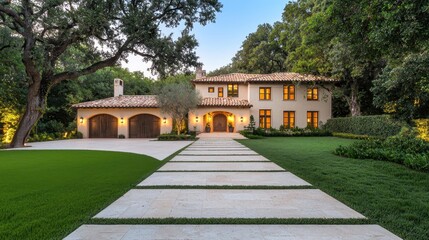 Obraz premium Elegant Mediterranean-Style Home Surrounded by Lush Greenery and Trees