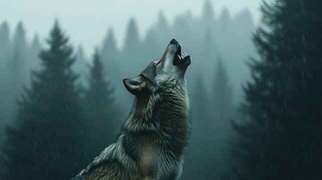 A wild wolf howling against a backdrop of a misty pine forest, its fur glistening with morning dew, medium close-up.
