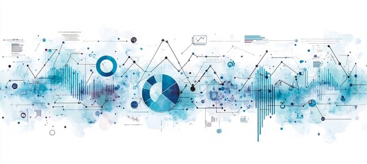 Obraz premium Sleek marketing background abstract graphs pie charts social media icons in light green and blue tones plenty of blank space