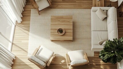 Bright and airy modern living room with wooden accents and cozy seating.