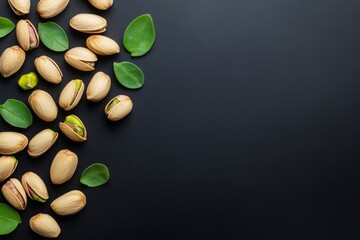 Bright green pistachio nuts scattered among fresh green leaves on a dark background