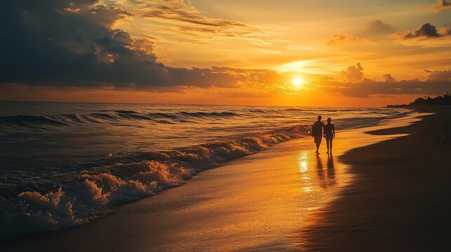 Travelers strolling along the shore, the sun setting over the horizon.