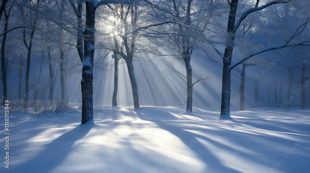 Poster soft beams of light stream through the frost-laden branches of stately trees, illuminating the snowy