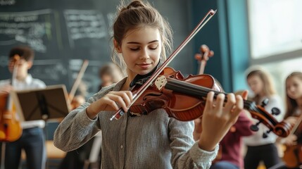 A young Caucasian girl skillfully playing the violin in a music class, surrounded by fellow musicians.