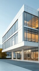 Fototapeta premium Modern commercial building with large glass windows in a bright morning setting