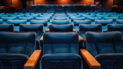 Fototapeta premium Empty movie theater auditorium with rows of blue seats.