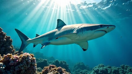 Fototapeta premium Playful baby shark swimming in tropical waters with coral reef 