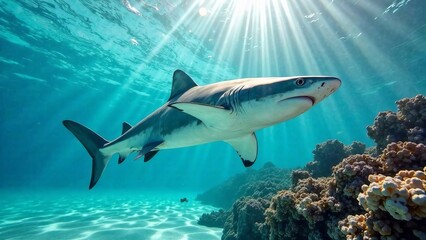 Obraz premium Playful baby shark swimming in tropical waters with coral reef 