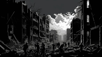 Naklejka premium People in a destroyed city surrounded by destroyed buildings.