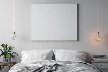 A serene bedroom scene featuring a cozy bed with white linens, complemented by stylish pendant lights and a blank canvas for personalization.