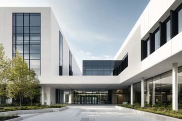 Fototapeta premium Modern architecture of a healthcare facility with staff walking in a landscaped area