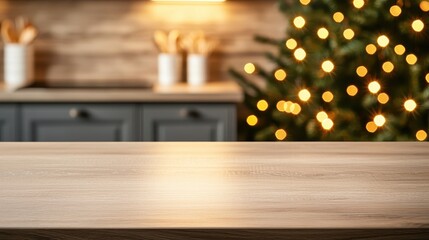 Cozy Holiday Kitchen Scene with Christmas Tree and Warm Lighting