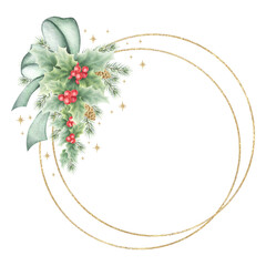 Christmas fir branches, cones and holly berries and leaves tied in green bow round wreath with double golden frame. Hand drawn watercolor isolated illustration for New Year greeting card templates.