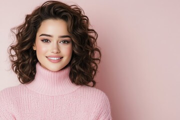 Young woman with curly hair smiles in a pink sweater against a pastel background