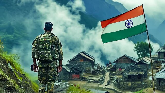 Young male Indian soldier in camouflage uniform looks over a misty mountain village, with the Indian flag waving proudly nearby.