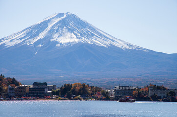 View of snow-capped Mount Fuji and Lake Kawaguchi in Yamanashi Prefecture, Japan
