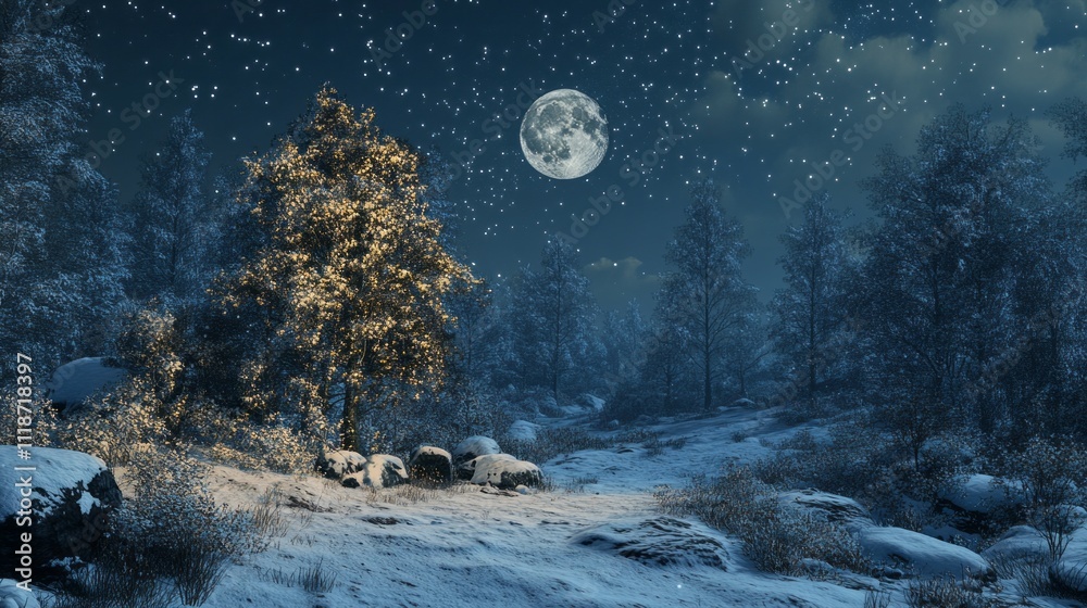 Poster A mystical forest glows softly in the moonlight, revealing snow-covered trees and the gentle fall of sparkling snowflakes. A serene path awaits exploration in this fairy-tale setting