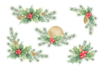 Christmas spruce branches, cones, golden ball and holly berries and leaves watercolor isolated illustrations. Hand drawn corner composition set for New Year winter holidays greeting cards and designs.