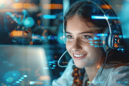 Smiling businesswoman uses laptop with chatbot interface in office.
