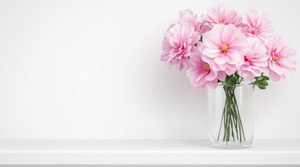 Fototapeta premium Elegant Pink Flowers in a Clear Vase on a Minimalist Shelf