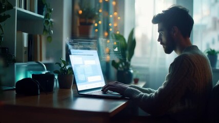 Man using laptop while cloud service hologram displays device synchronization features

