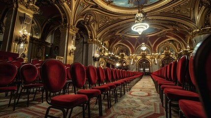 Empty theater auditorium with ornate interior, rows of red velvet seats.