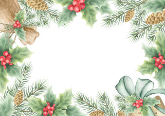 Christmas card rectangular template with gifts, holly, red berries, fir tree branches and cones. Hand drawn watercolor isolated illustration with empty space for text for New year greeting cards, A4.