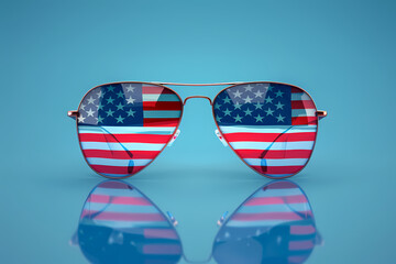 Stylish aviator sunglasses with reflective lenses showcasing the American flag, set against a vibrant blue background.