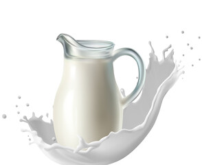3d realistic vector icon illustration. Milk jug in a splash of fresh milk. Isolated on white background. Dairy farm.