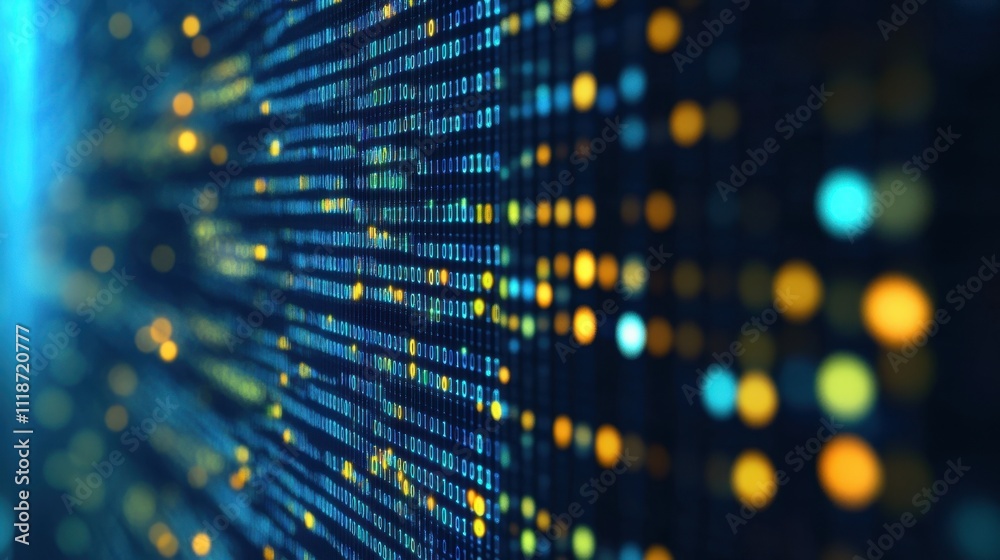 abstract digital data visualization with glowing dots and lines representing technology and networks