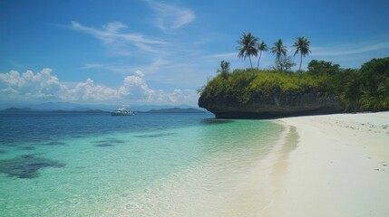 Fototapeta premium Idyllic tropical beach with white sand, turquoise water, palm trees, and a boat in the distance.