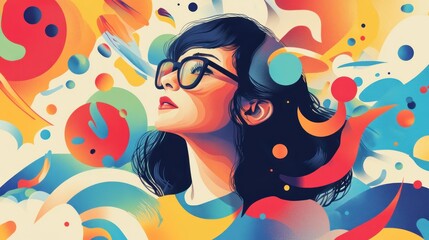 Colorful portrait of a woman looking upward, surrounded by abstract shapes and vibrant colors.